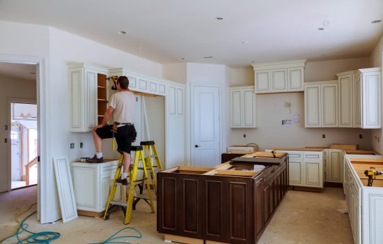Blind corner cabinet, island drawers and counter cabinets installed